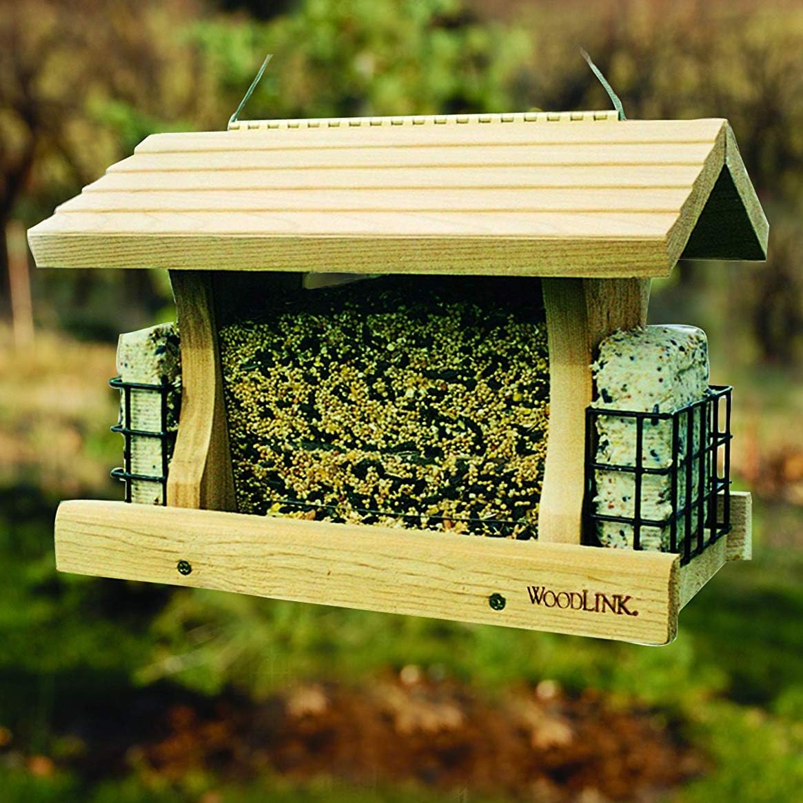 woodlink deluxe cedar wood hanging bird feeder with, close-up detail