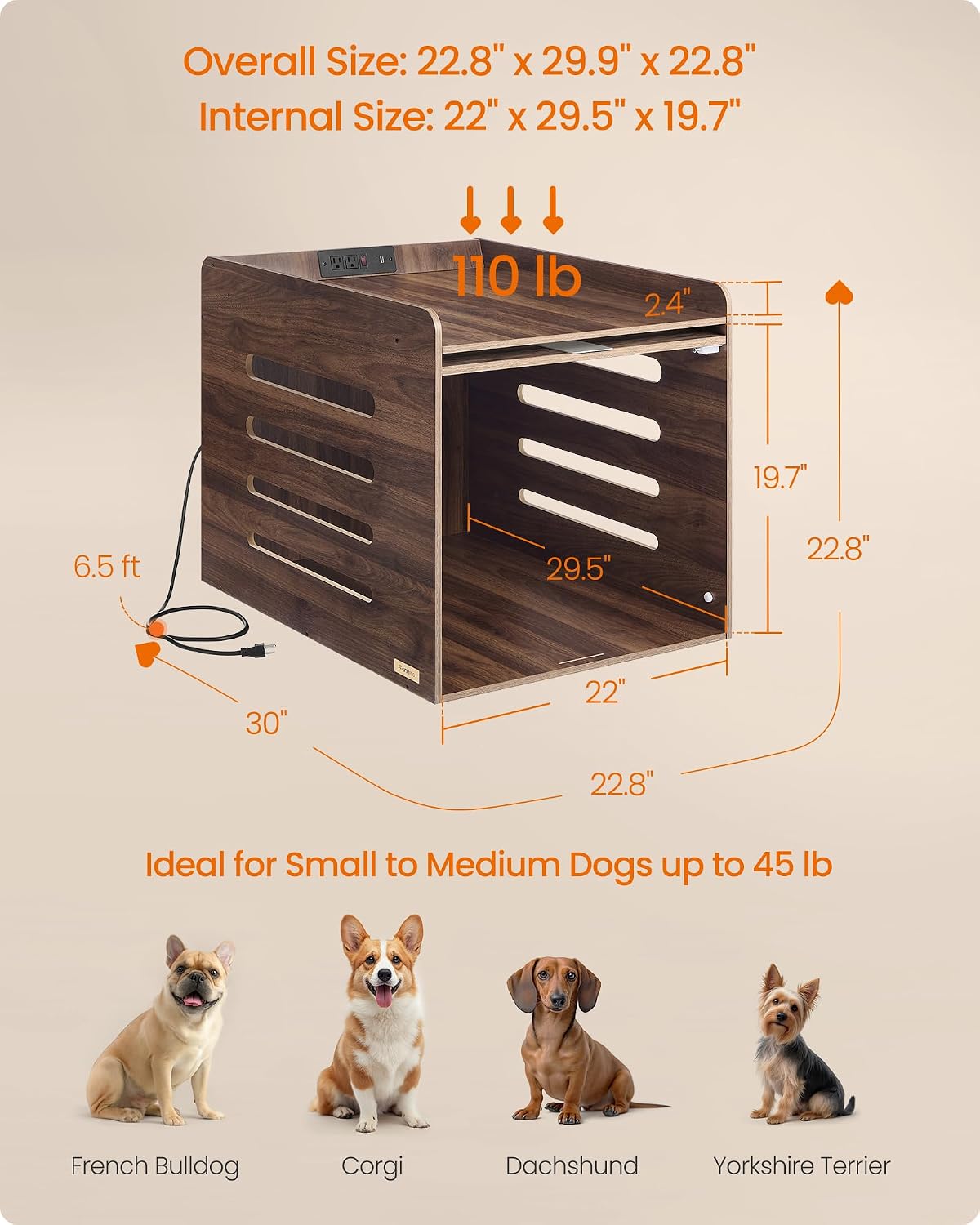 feandrea modern dog crate furniture, charging station, flip-up, side view