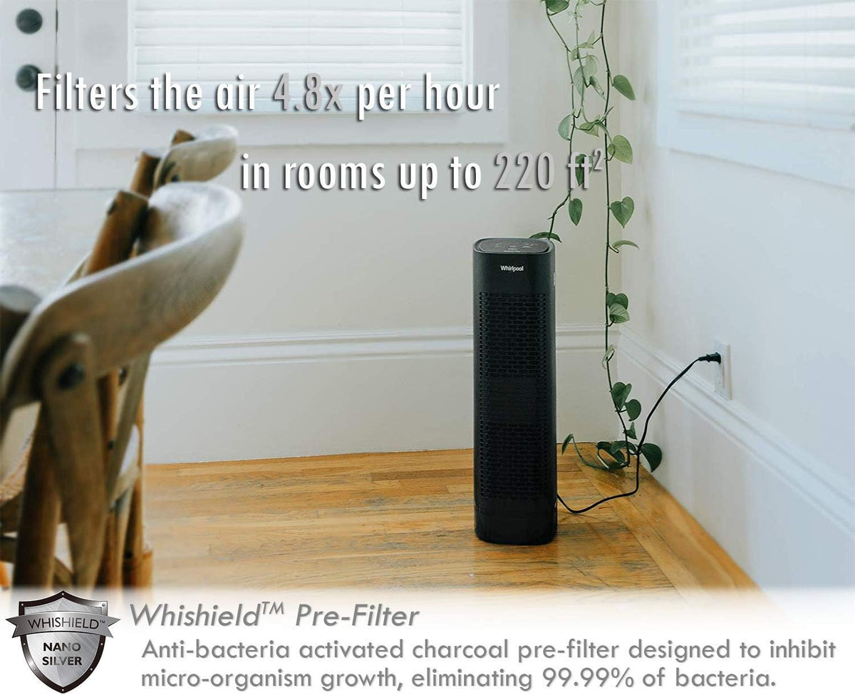 whirlpool, wpt80b whispure true hepa air purifier, activated showing dimensions