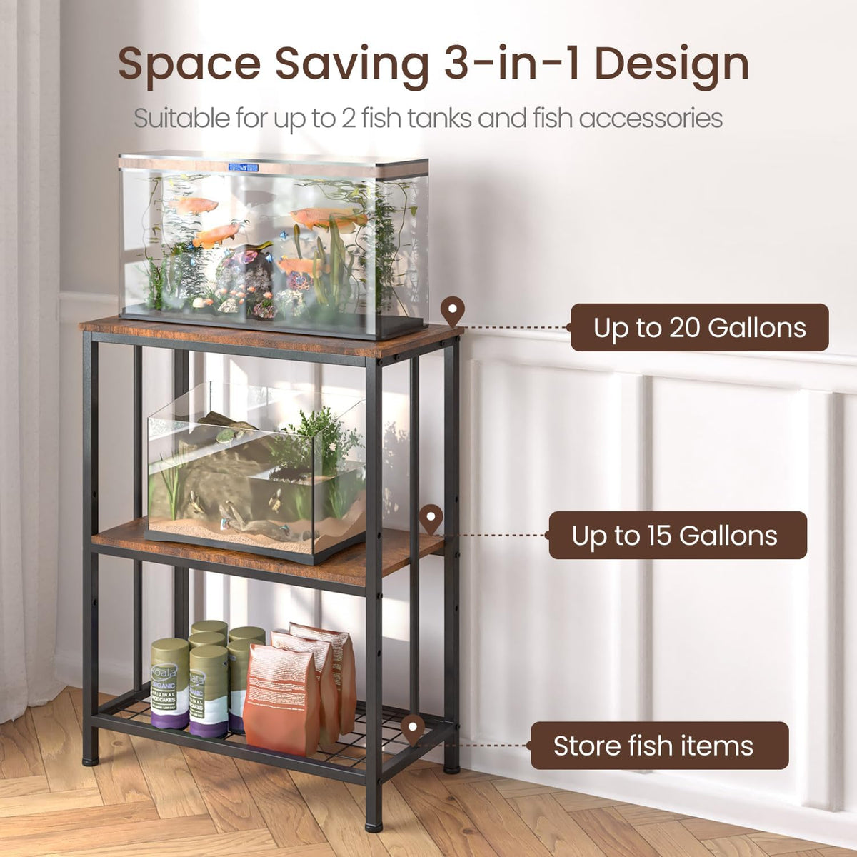 10-20 gallon fish tank stand, 3-tier metal 20, side view