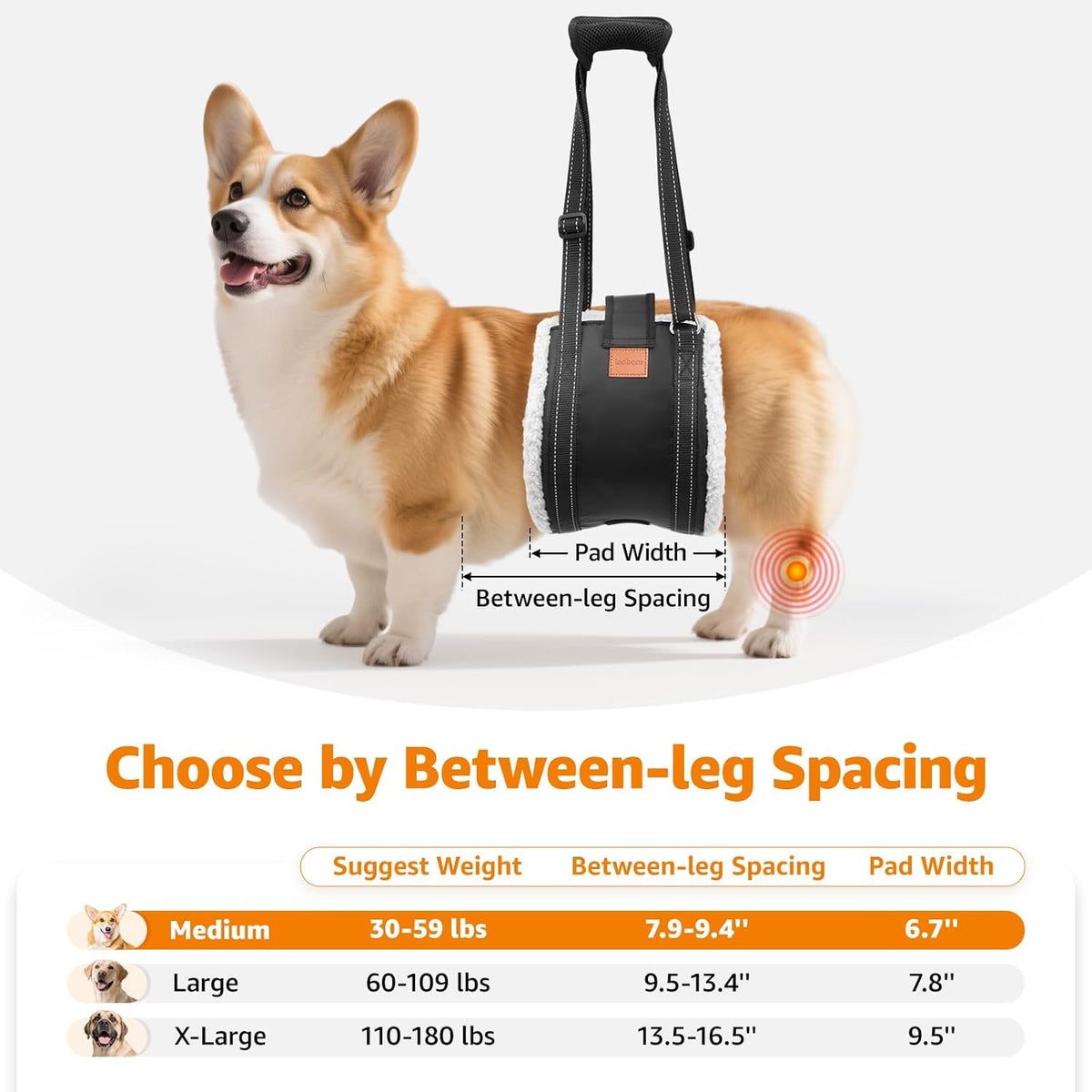 loobani adjustable dog sling for large dogs hind showing dimensions