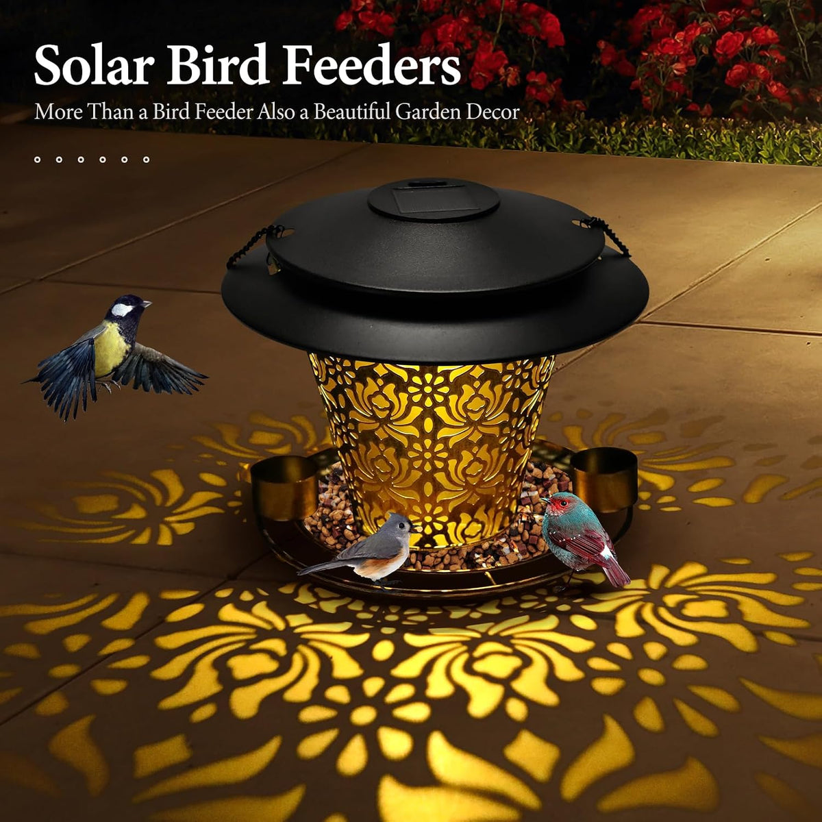 solar bird feeders for outside hanging metal wild, close-up detail