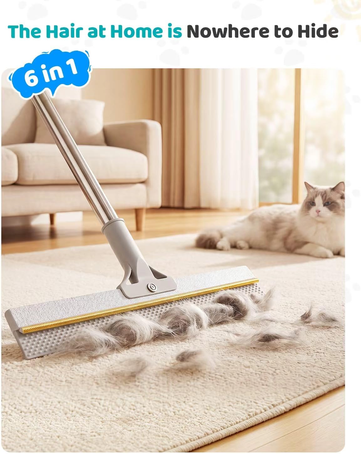 pet hair remover for carpet, 54 inch adjustable shown in use