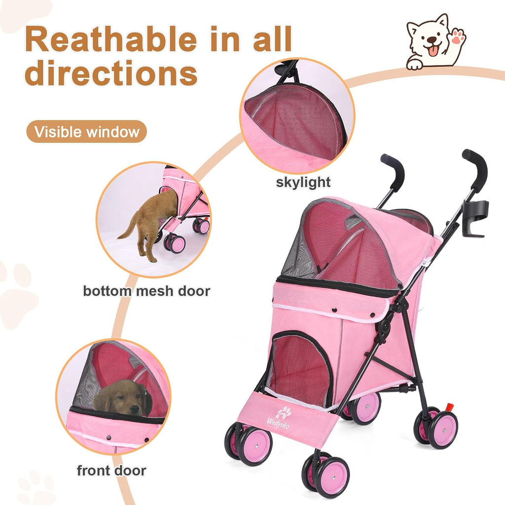 umbrella dog stroller, 4 wheels pet strolling, foldable, close-up detail