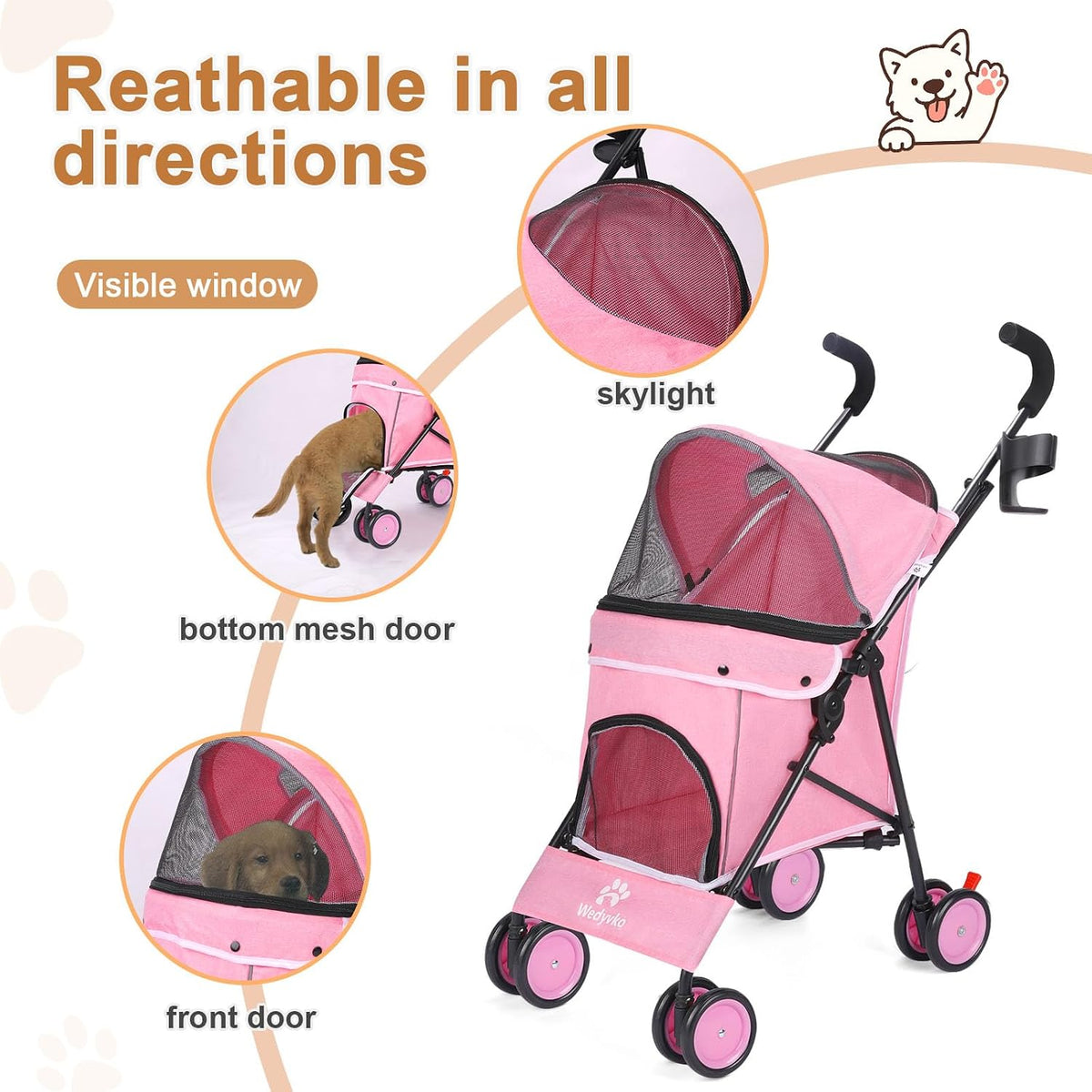 umbrella dog stroller, 4 wheels pet strolling, foldable, close-up detail