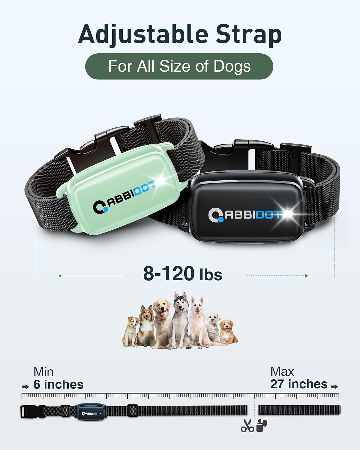 abbidot shock collar for 2 dogs, 3300 ft showing dimensions