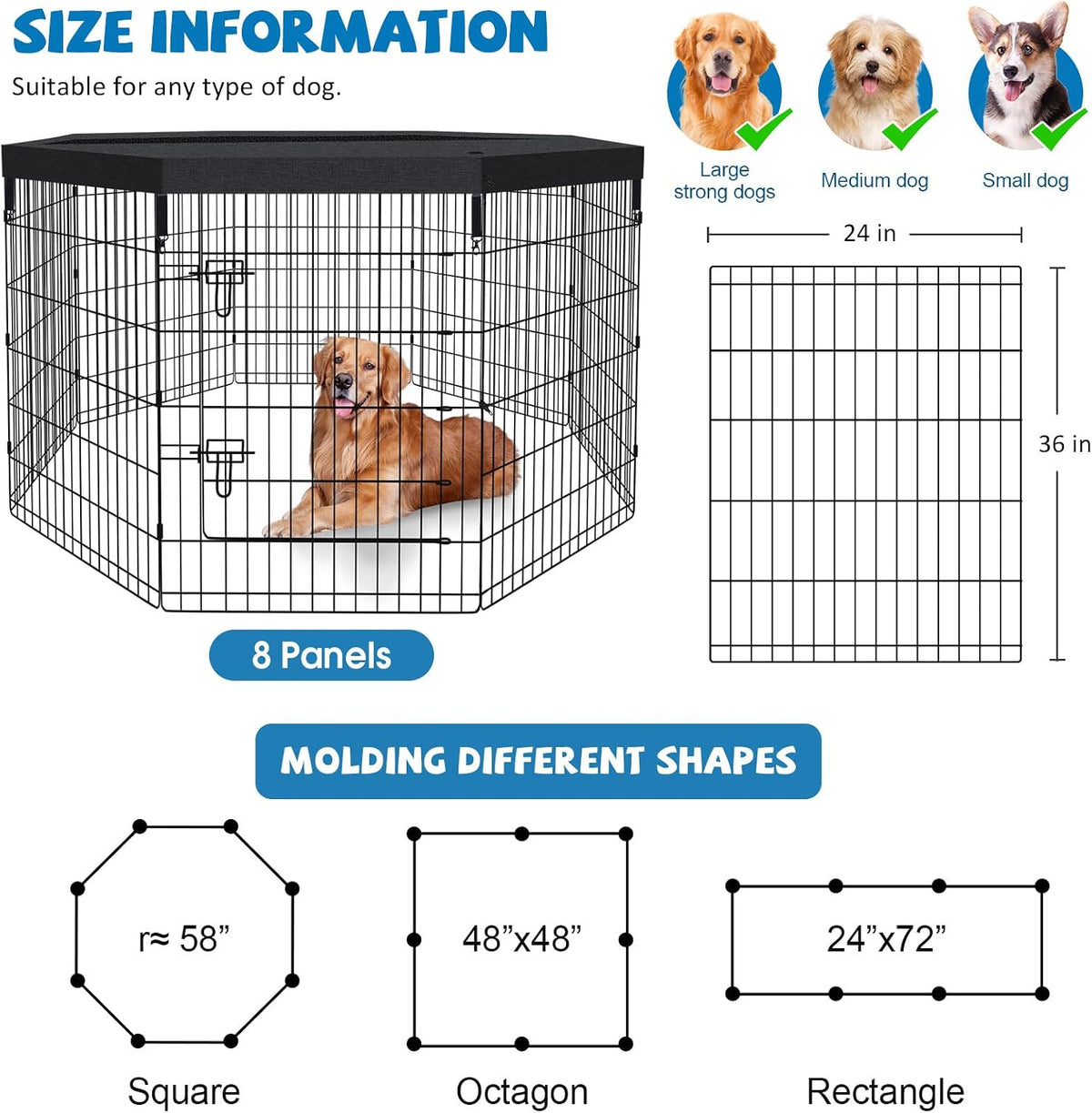 36"h dog playpen with top cover, 8 panel shown in use