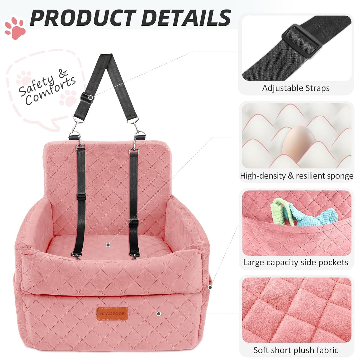 heggcooe dog car seat for small medium dogs, side view