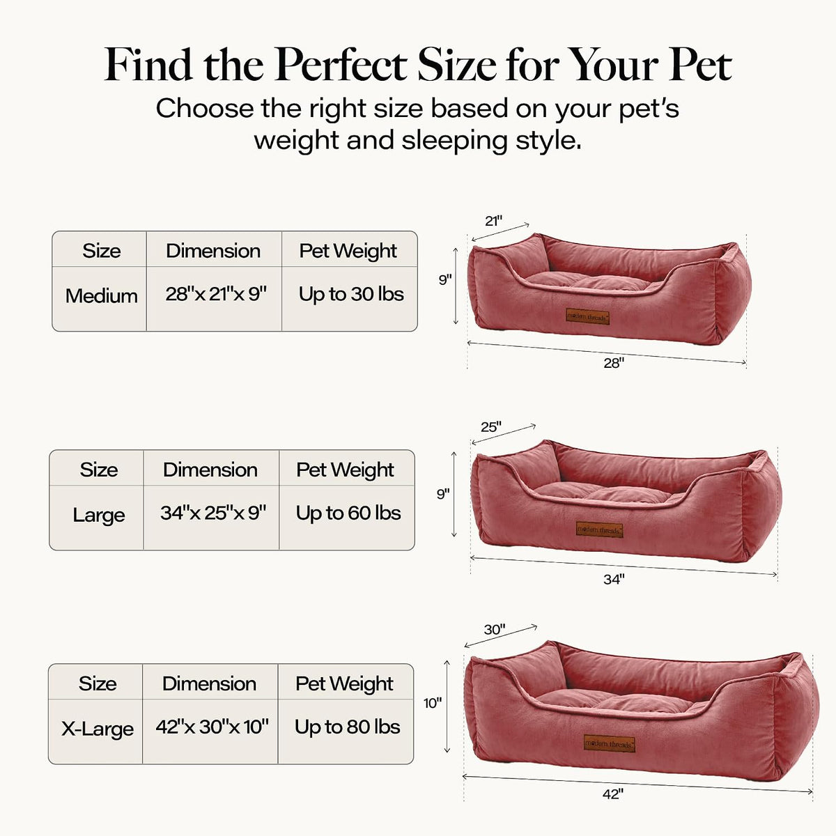 modern threads luxury dog bed - comfortable tufted showing dimensions