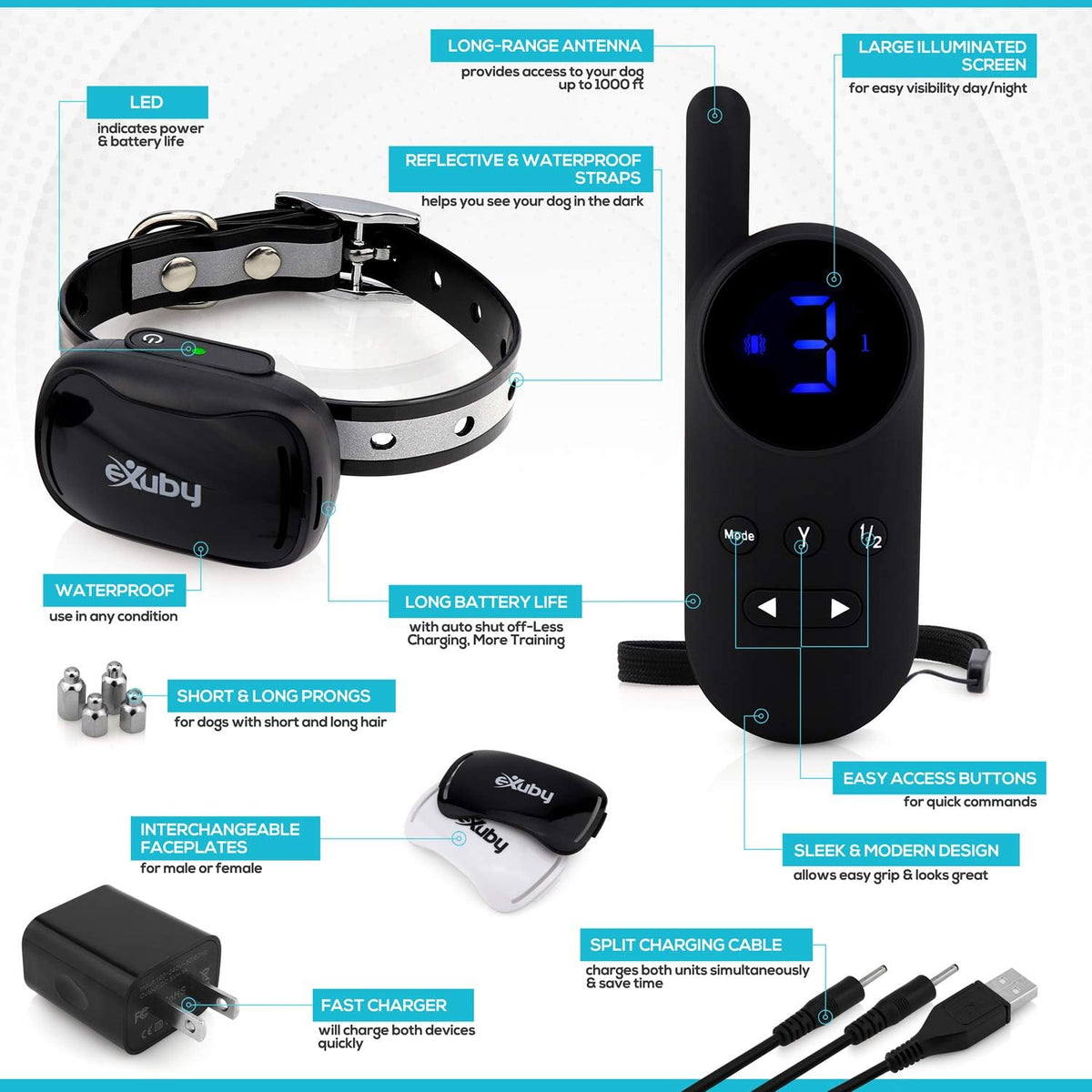 exuby - tiny shock collar for small dogs showing dimensions