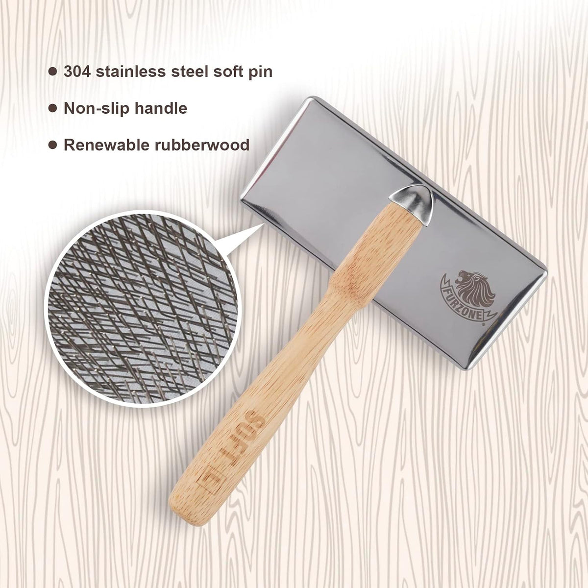 furzone wooden slicker brush - stainless steel soft, close-up detail