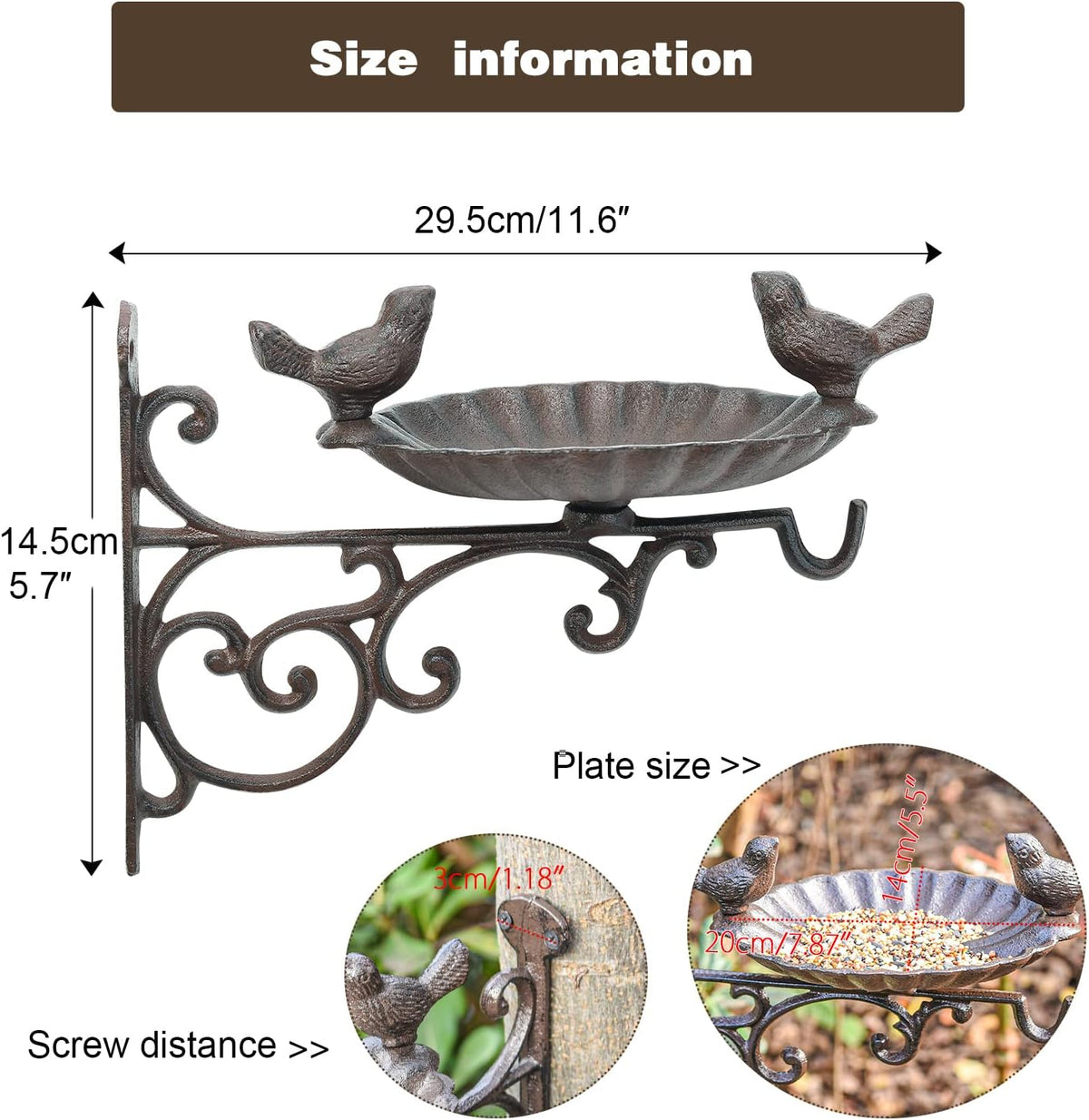 sungmor heavy duty cast iron bird feeder with showing dimensions