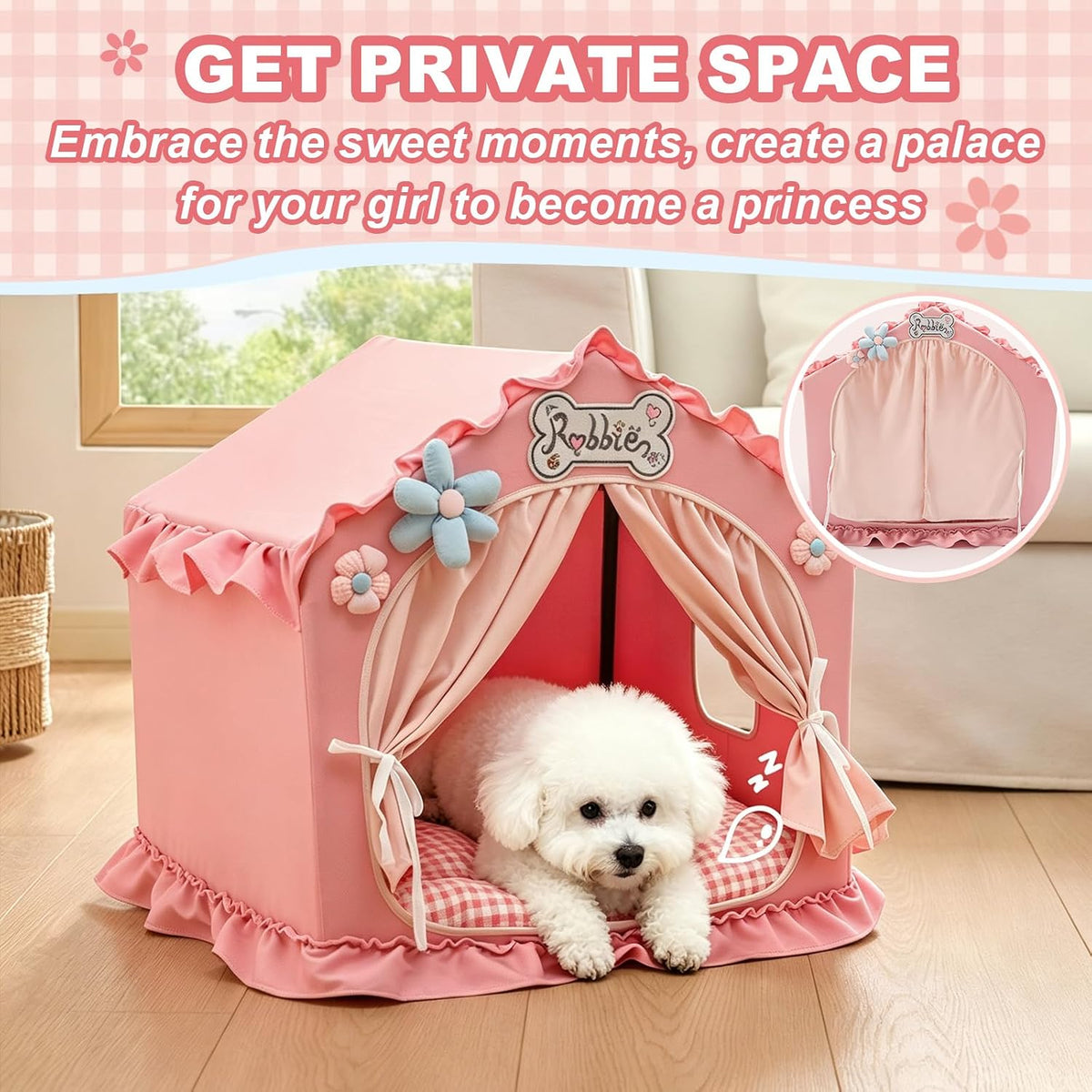 jiupety indoor dog house with frame,cute dog tent, side view