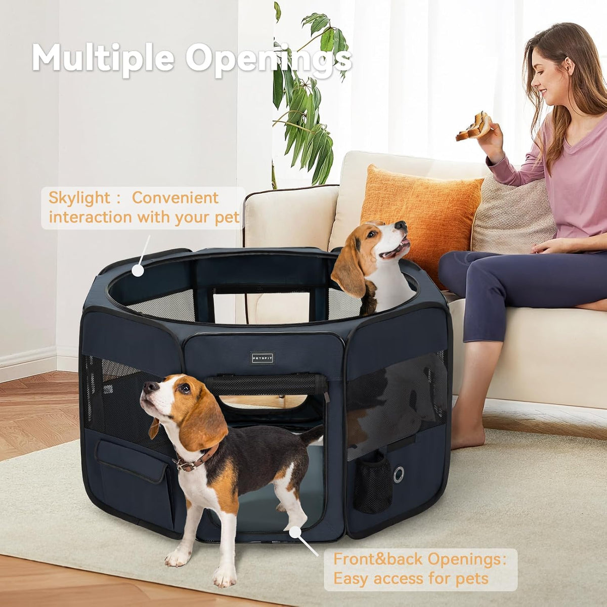 petsfit 36" dog playpen with dual zipper doors, side view