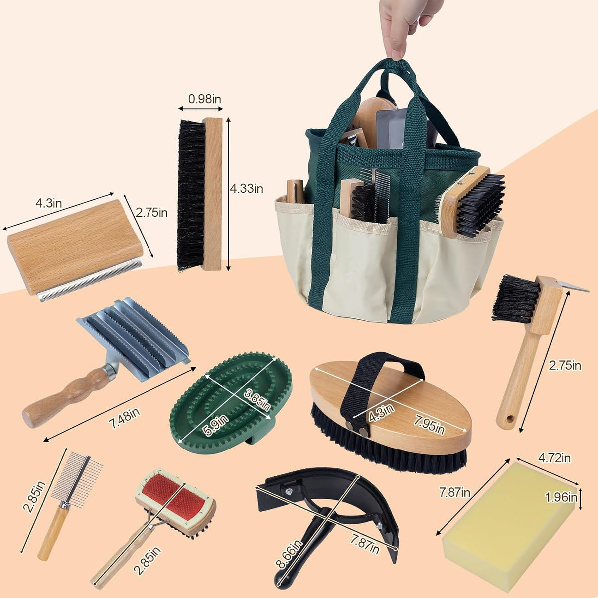 13-piece horse grooming kit for daily care,complete horse, close-up detail