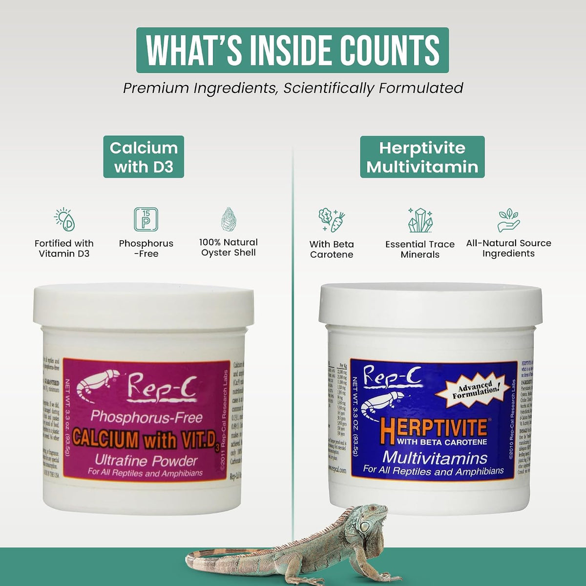 reptile calcium with d3 3.3 oz. herptivite multivitamin, side view