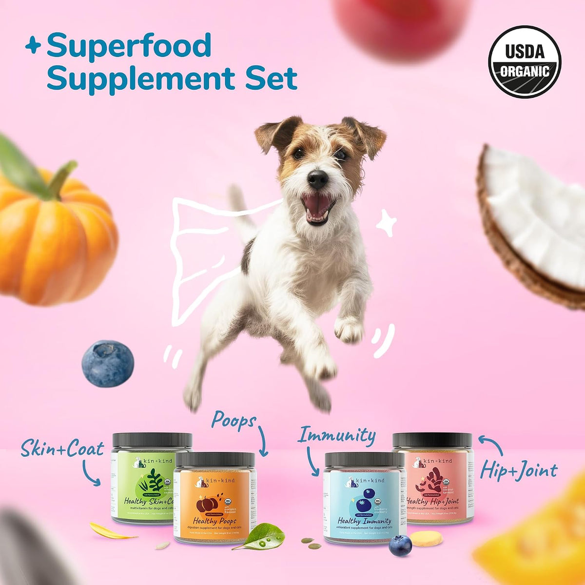 kin+kind superfood supplement set for dogs & cats shown in use