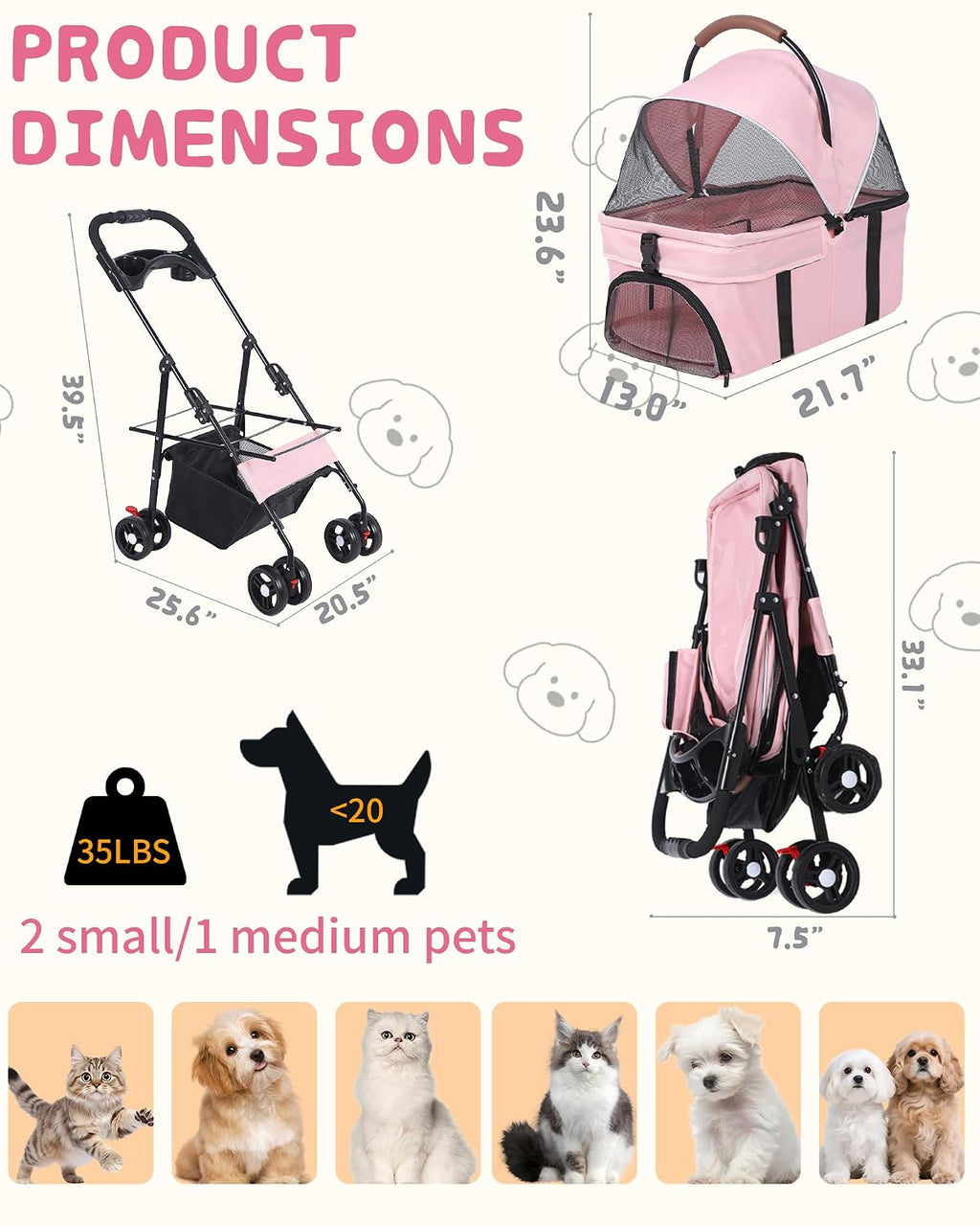 pet stroller, 3 in1 foldable dog cat stroller, front angle view