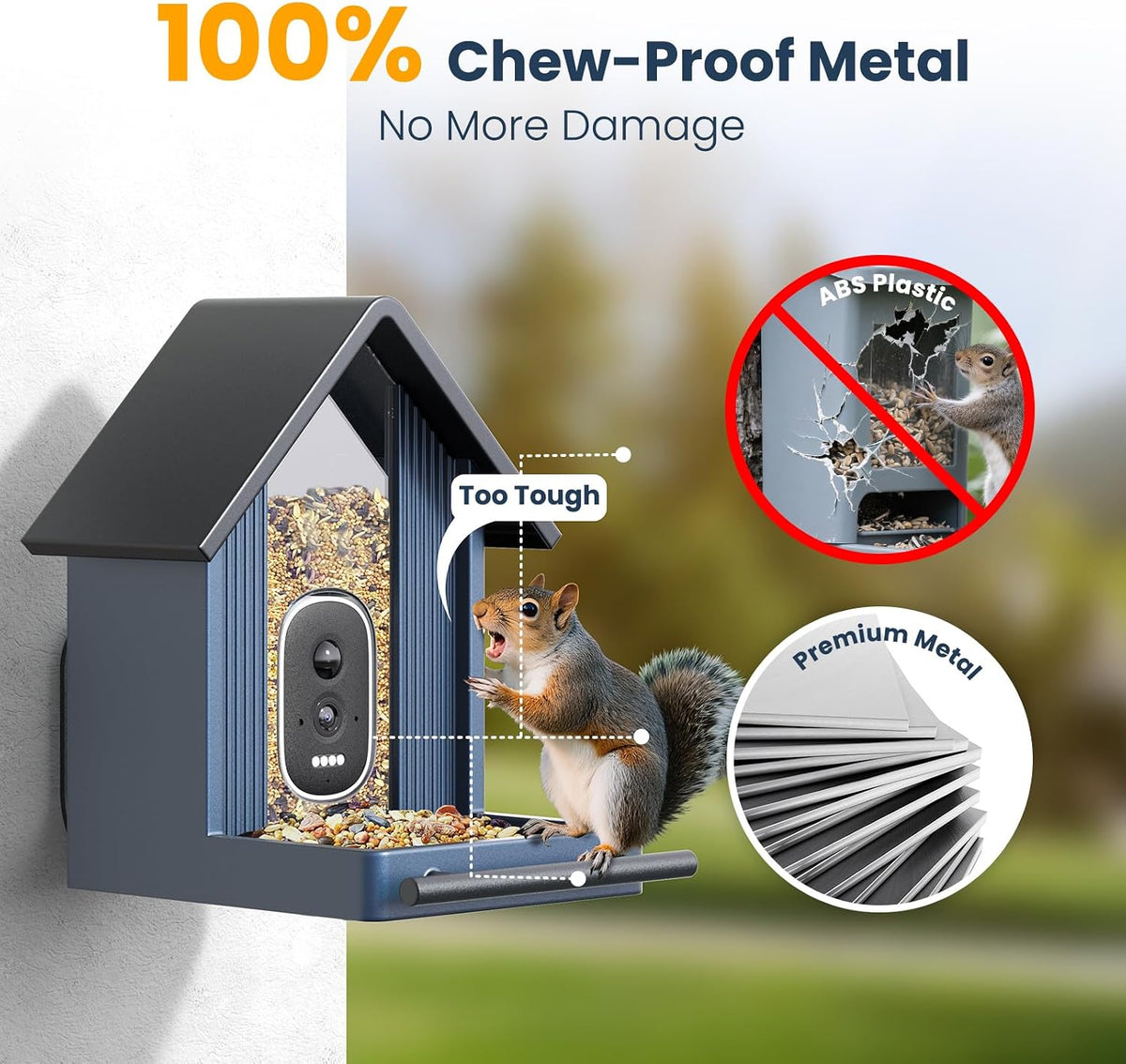 smart metal bird feeder with camera, deep blue, side view