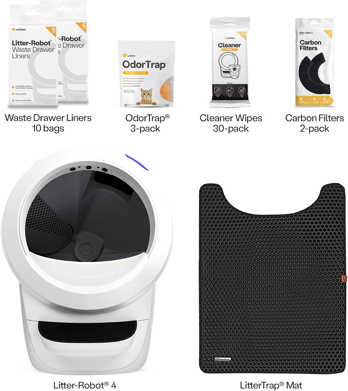 whisker litter-robot 4 supply & accessory bundle, white shown in use