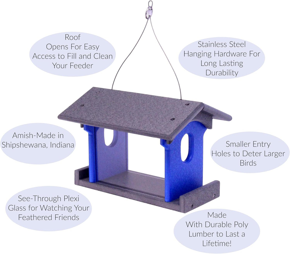 bluebird feeder - poly lumber - hanging blue, close-up detail