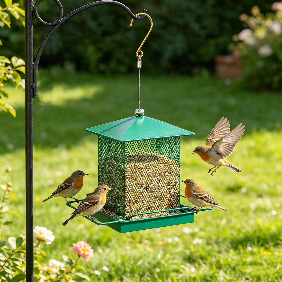 hosun 100% metal hanging wild bird feeder, bird shown in use