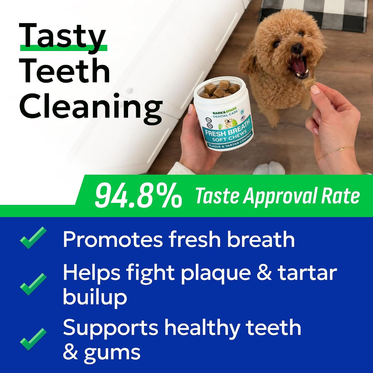 bark&spark dog teeth breath freshener chews, dental cleaning, close-up detail