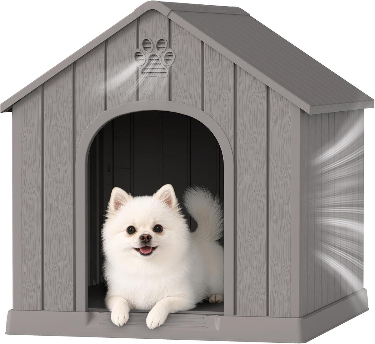 fancyango dog house for small dogs, 26.18''l×24.02''w×25.98''h, grey shown in use