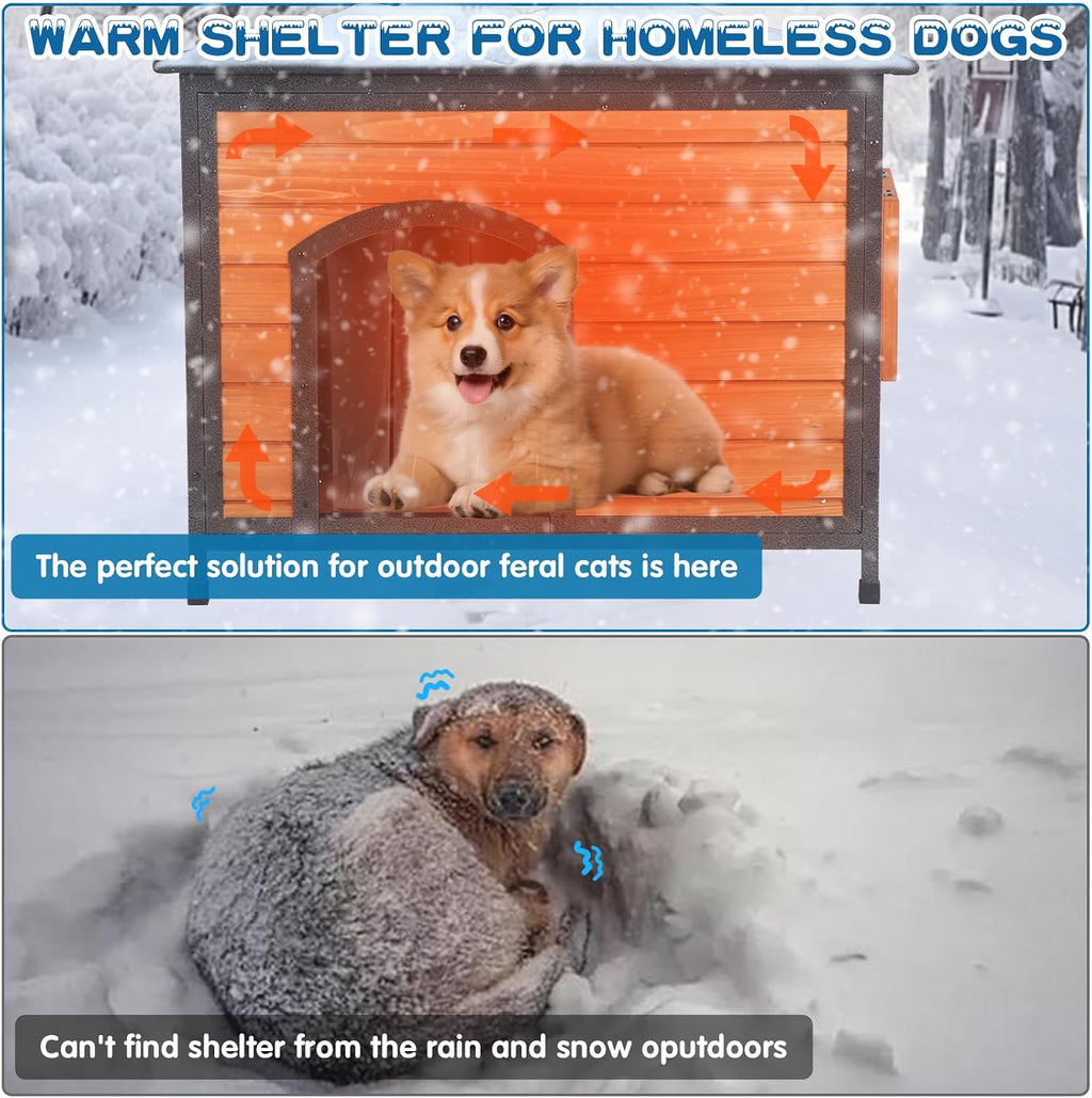 outdoor insulated wooden dog house weatherproof metal frame shown in use