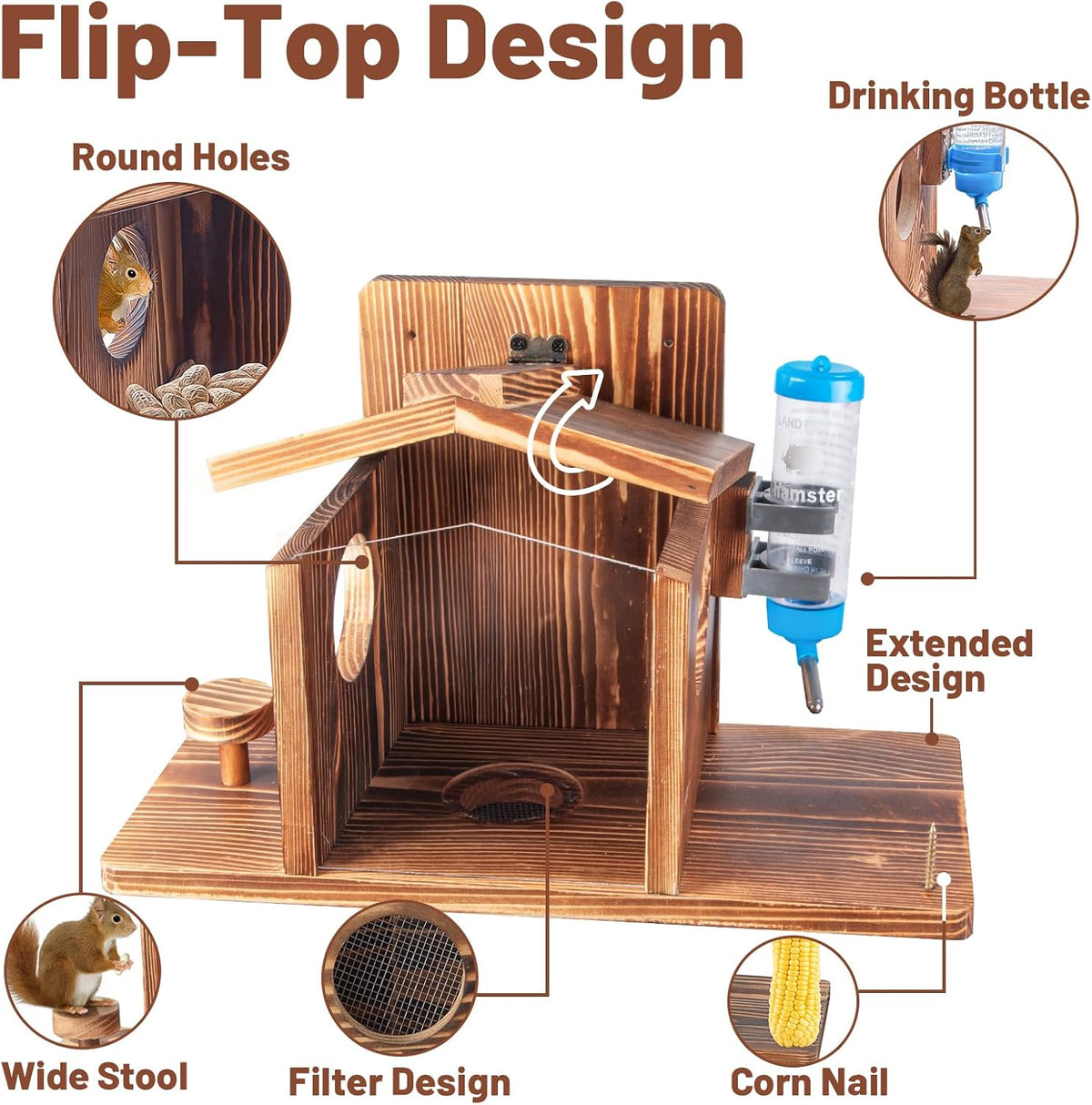 wooden squirrel feeder, large capacity squirrels feeders for, close-up detail