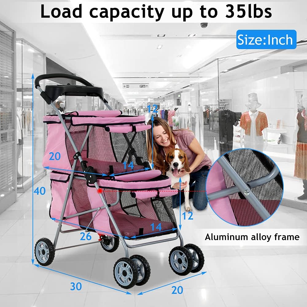 dkeli 4 wheel pet stroller for small and showing dimensions