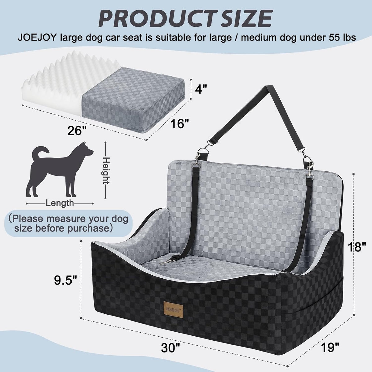joejoy dog car seat for medium/large dogs showing dimensions