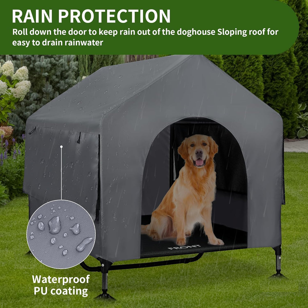 summertrail 42" large dog house outdoor indoor elevated, close-up detail