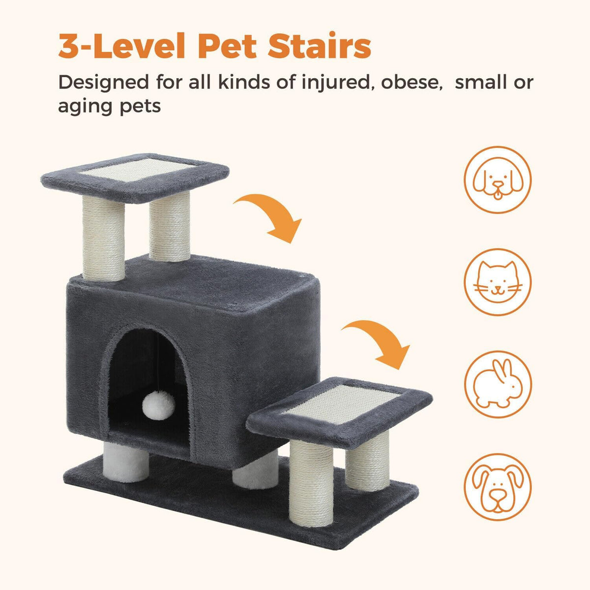 3-in-1 cat stairs with scratching post & condo, close-up detail