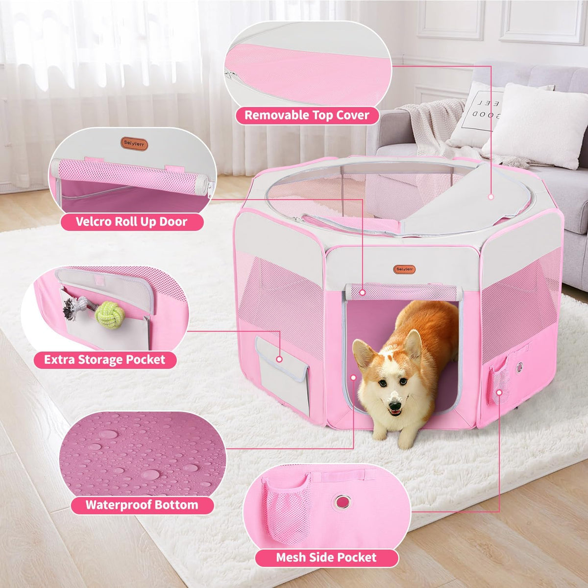 seiyierr dog playpen, portable pet playpen, puppy playpen, side view