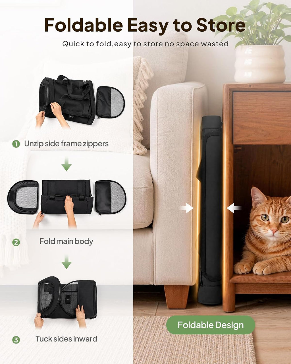 backpackable cat carrier 17"x11"x11", soft-sided collapsible pet carrier on a desk or shelf