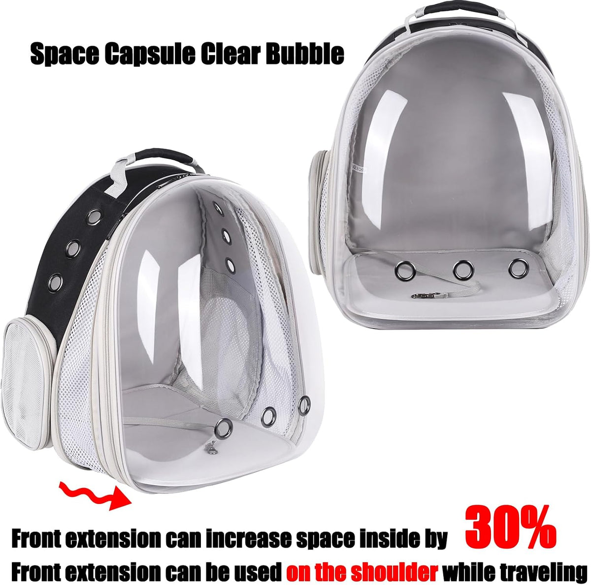large cat backpack carrier, front extension with space, close-up detail