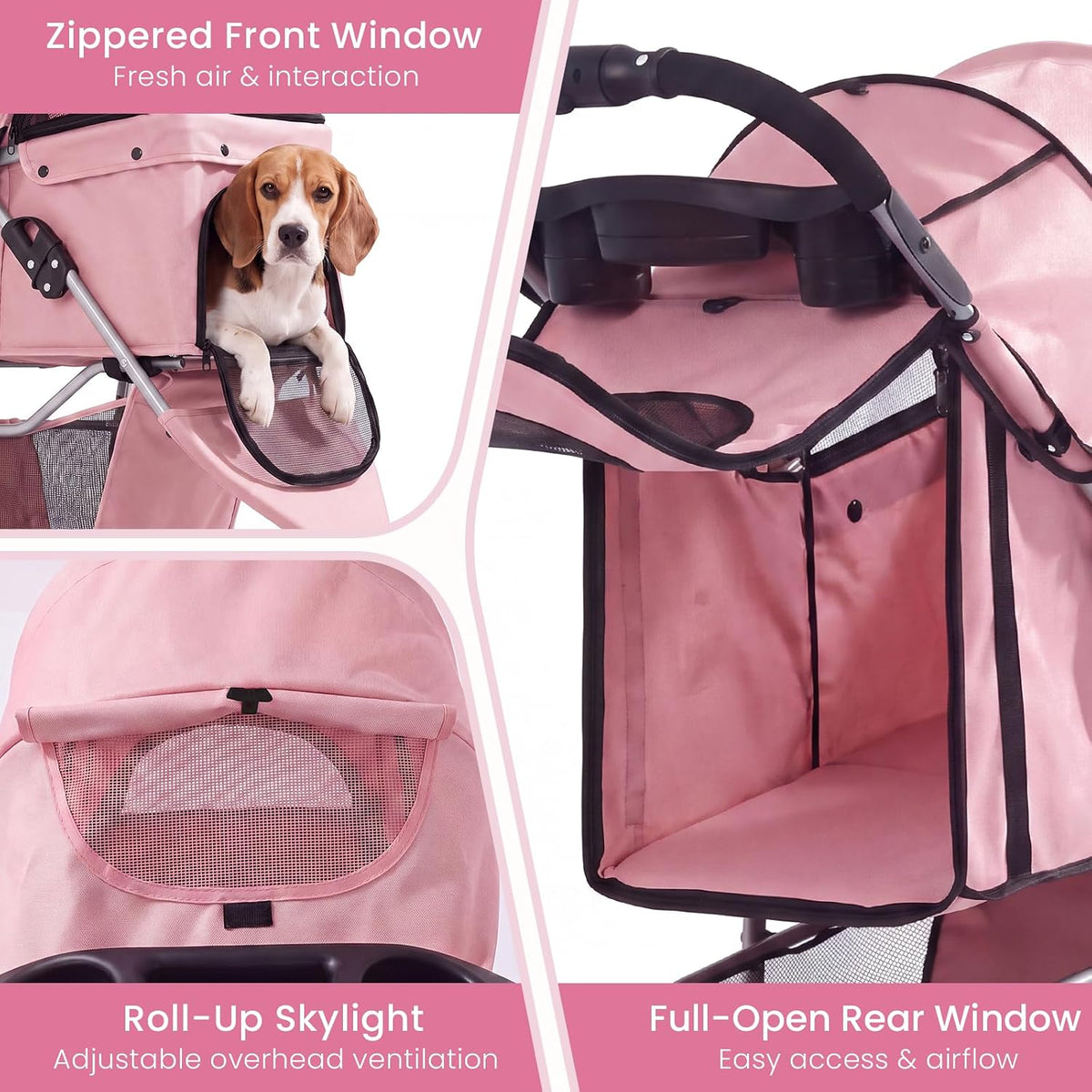 pet stroller for small medium cats dogs, 3-wheel, side view