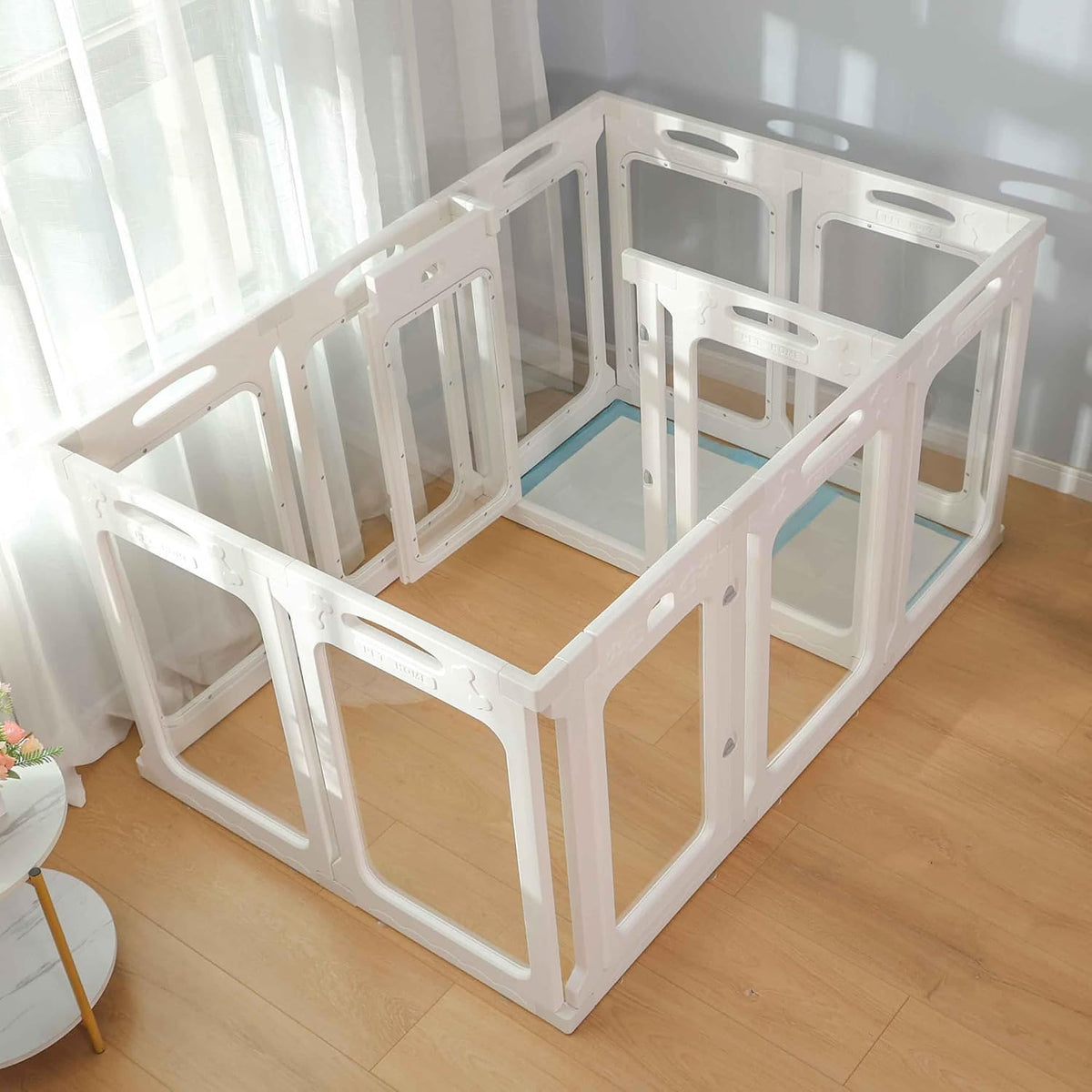 clear acrylic dog playpen indoor, 24" h, 2 showing dimensions