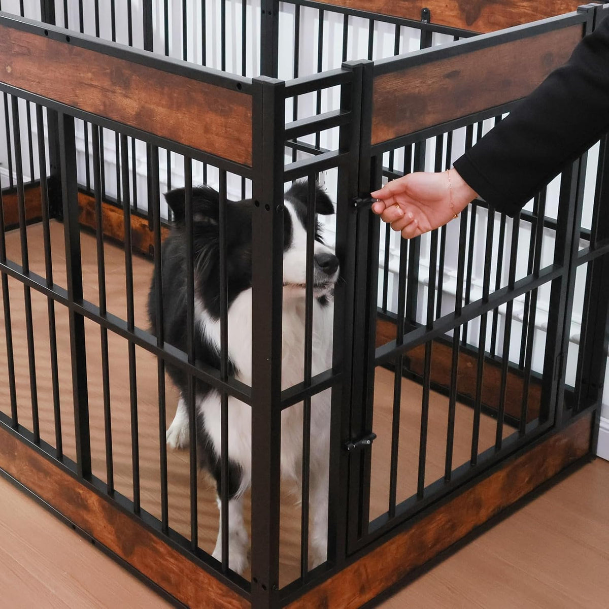 large furniture style dog playpen, 27.5" h dog, side view