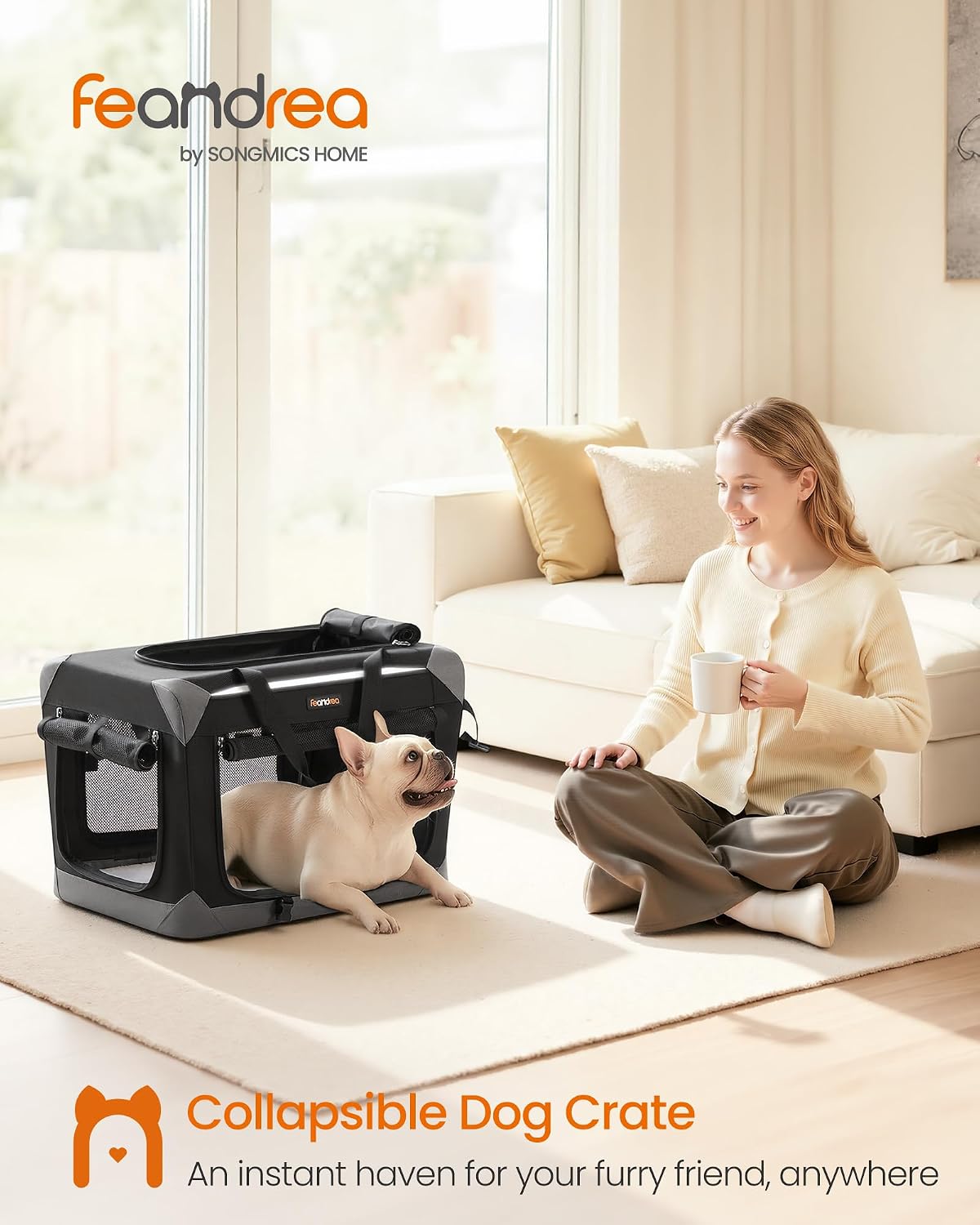 feandrea collapsible dog crate, portable pet travel crate shown in use