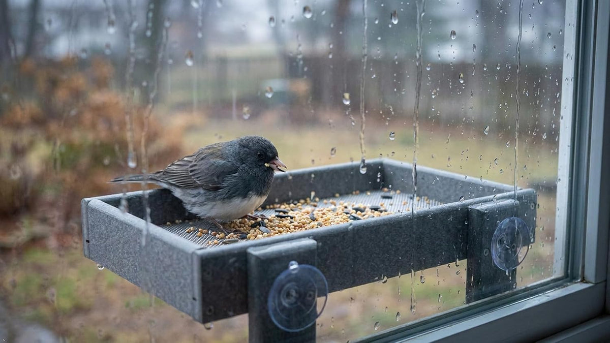 window-mount bird feeder, gray, side view