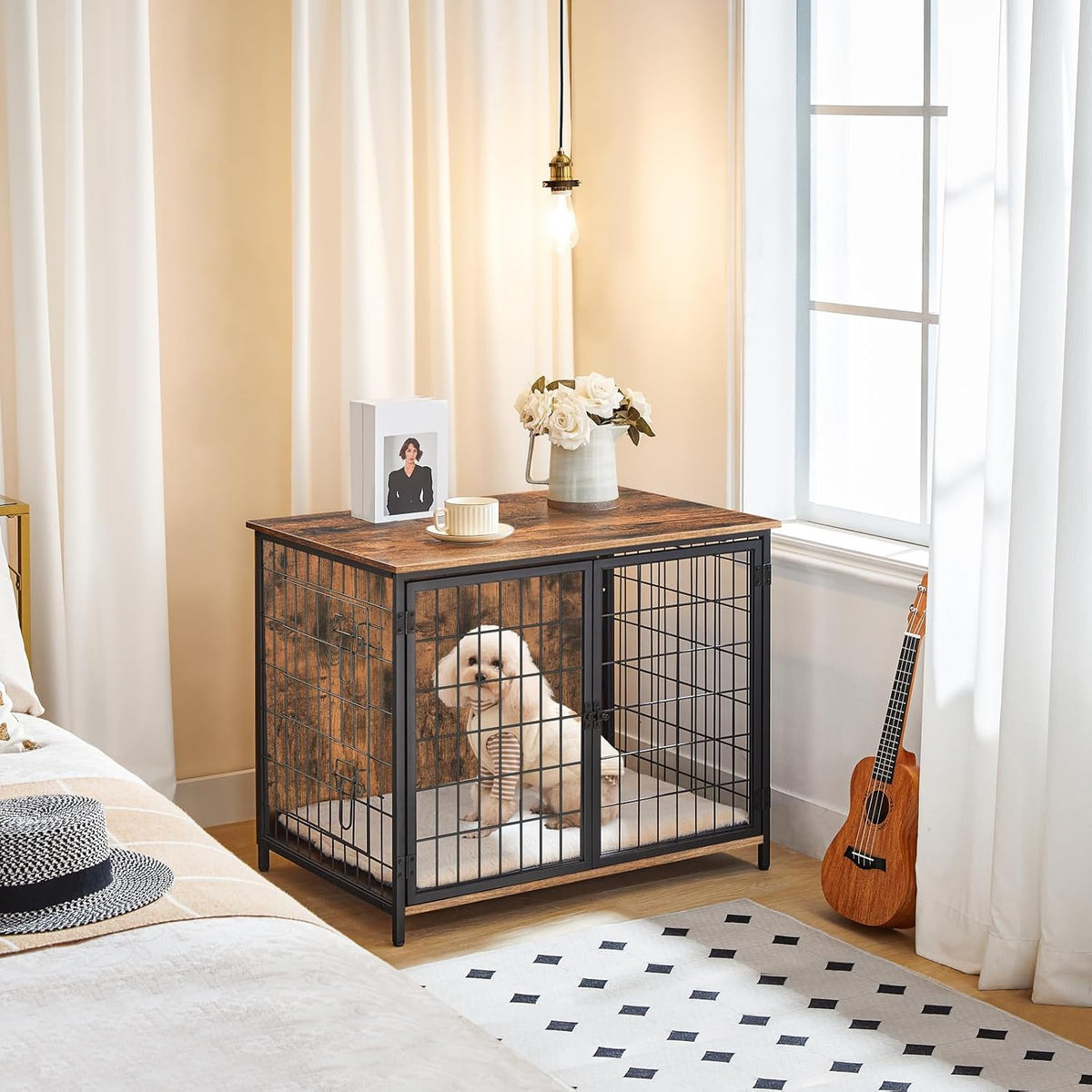 mahancris dog crate furniture with cushion, wooden dog, front angle view