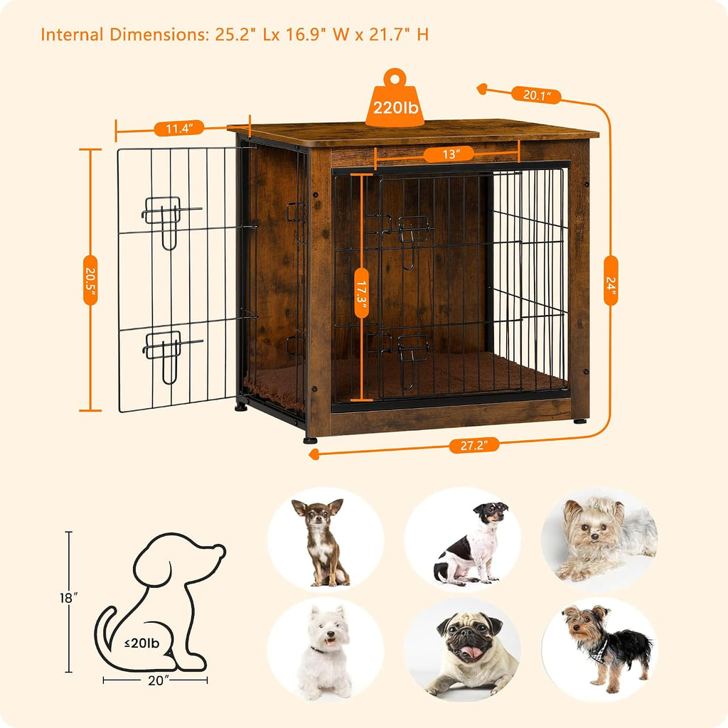dwanton 27" dog crate furniture, dog kennel indoor showing dimensions