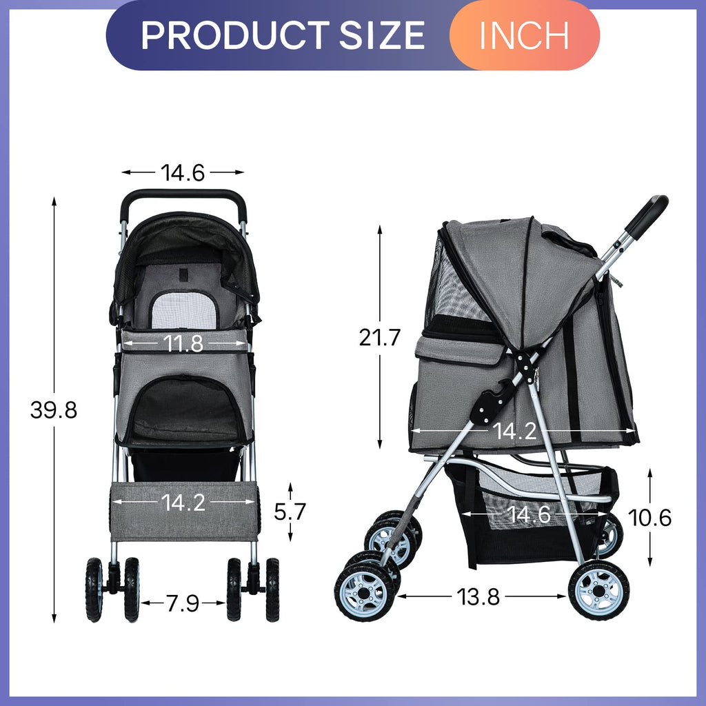 bestpet | 4-wheel foldable pet stroller | grey, front angle view
