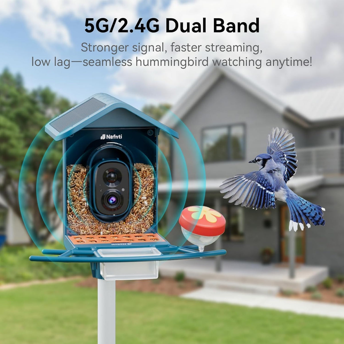 smart bird feeder with camera 5ghz no subscription shown in use