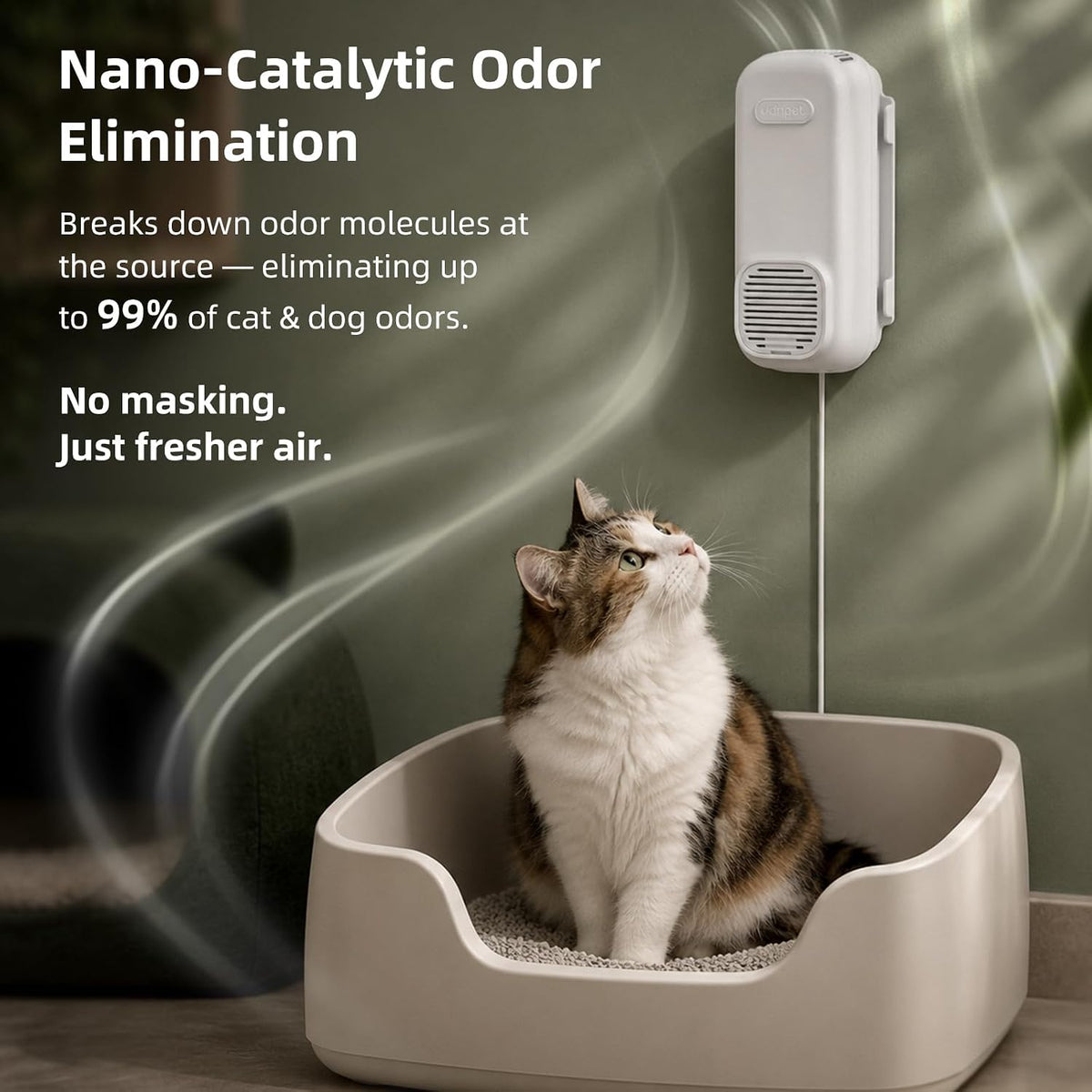 uahpet cat litter deodorizer, plug in filterless nano shown in use