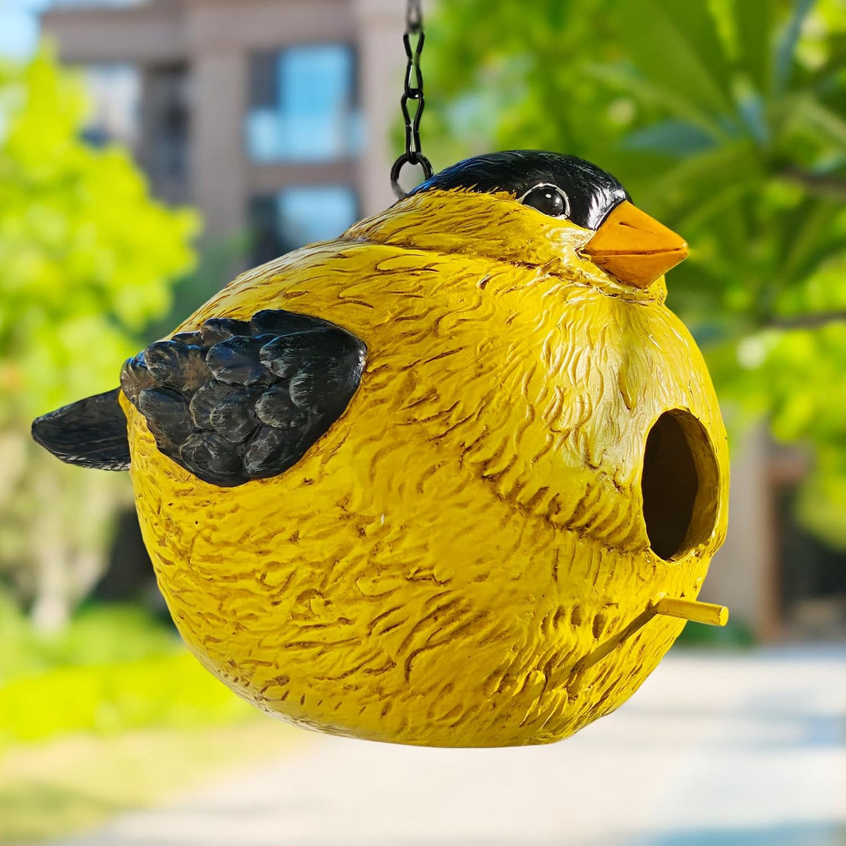 sunny yellow bird house with entry hole, outdoor showing dimensions
