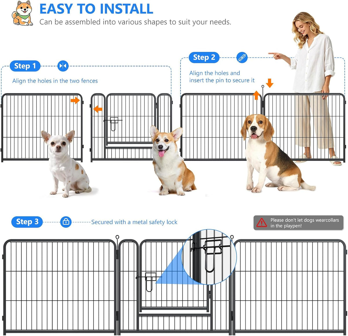 dog playpen outdoor, 32 inch height 8 panels showing dimensions
