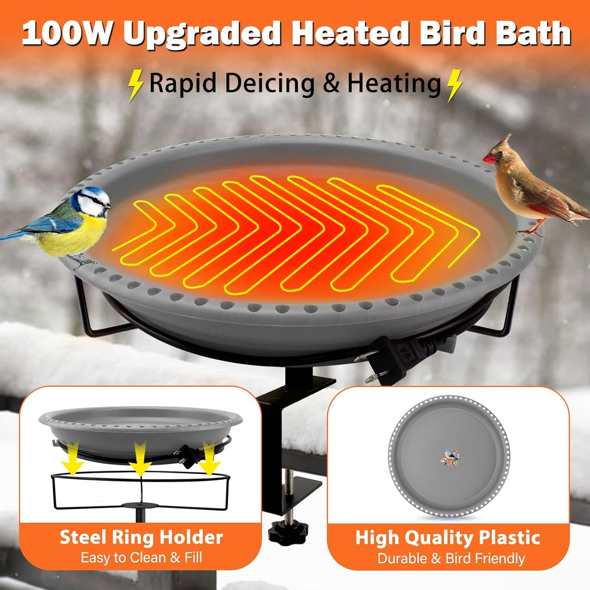 100w heated bird baths for outdoors, heated birdbath shown in use
